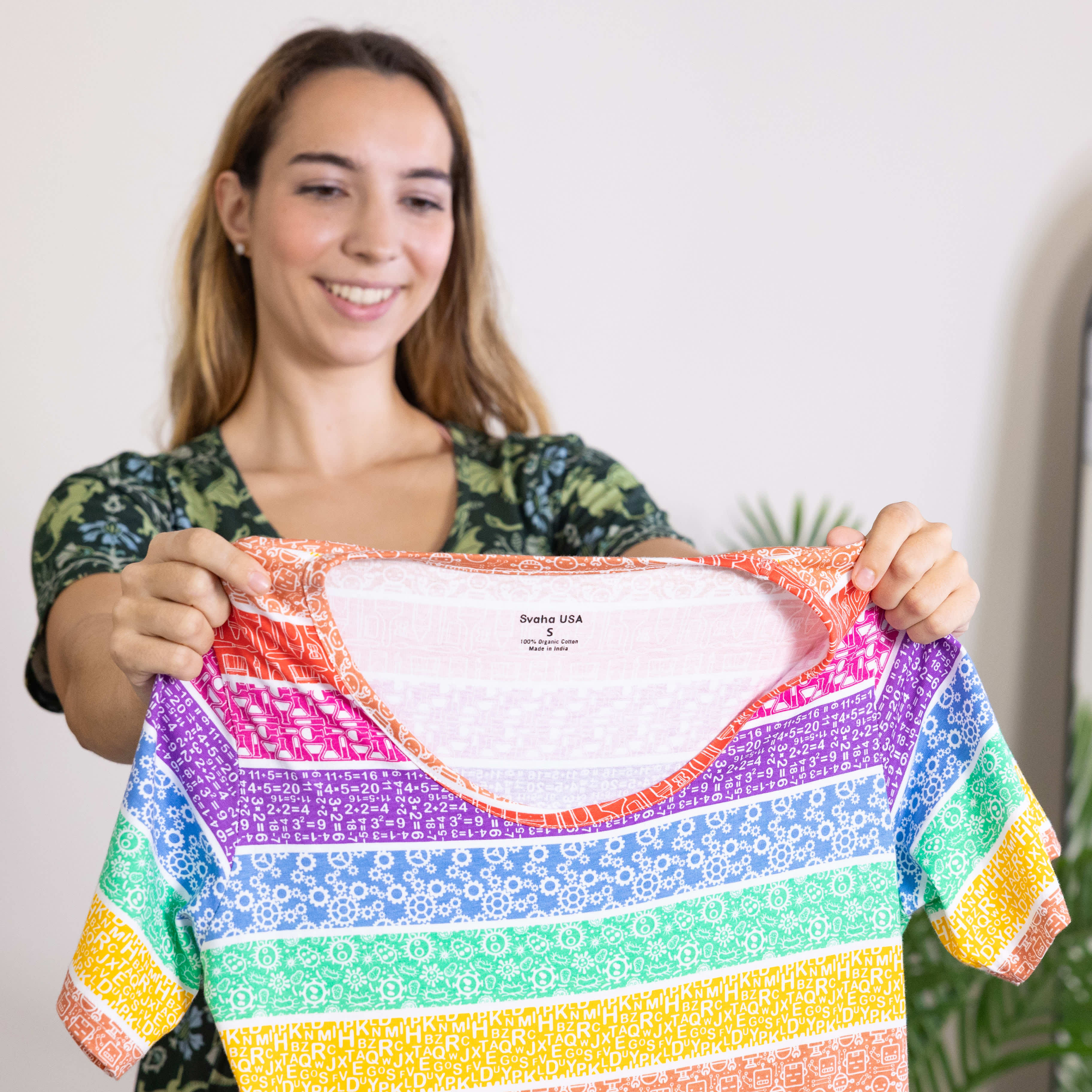 Woman comfortable in Svaha organic cotton dress